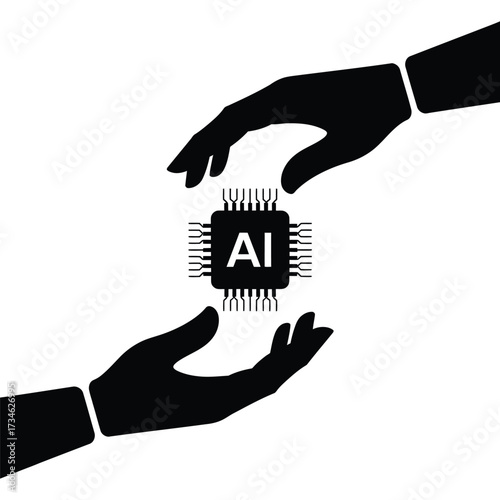 Two hands reaching towards a central ai microchip