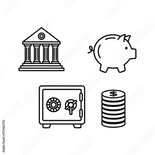 Icons depicting bank, piggy bank, safe, and stack of coins.