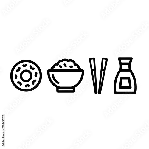 A simple line art illustration featuring a donut, a bowl of rice, chopsticks, and a soy sauce bottle.