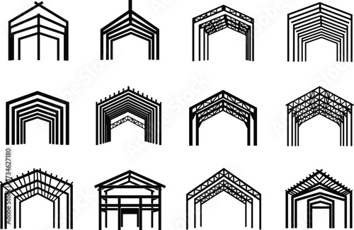 Framework, Roof, Truss, Structure, Beam, Support, Building, Construction, Architecture, Engineering, Industrial, Project, Site, Durable, Strong, Timber, Steel, Vector, Icon, Silhouette