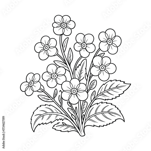 Black and white illustration of a delicate forget me not flower bouquet