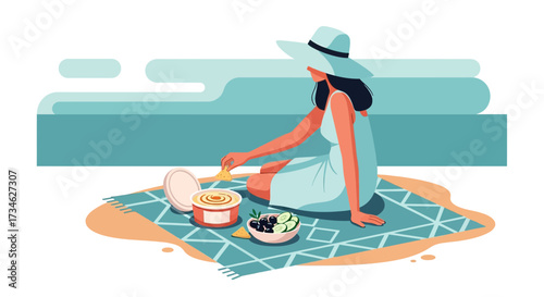 A woman enjoying a picnic on the beach, perfect for summer vacation promotion and leisure