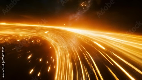 Golden, swirling light curves through darkness, suggesting celestial phenomena or abstract art