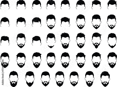 Men hairstyle and beard styles vector collection, male grooming clipart, barber shop design, trendy haircut icons, fashionable beard illustration