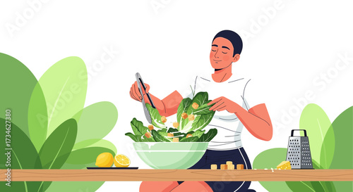 A young man preparing a healthy salad at home with a serene expression on his face mixing a