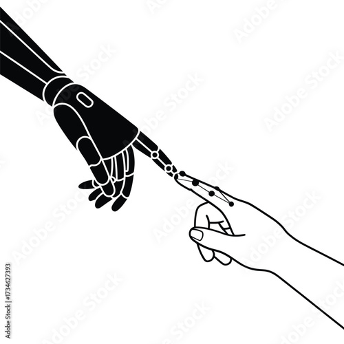 Robot and human hands reaching out to touch fingertips