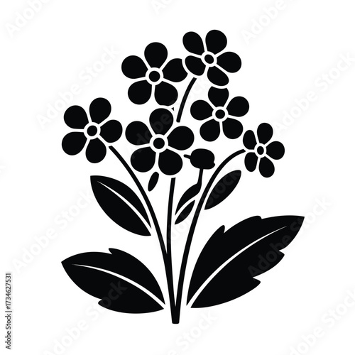 Black and white stylized illustration of forget me not flowers and leaves