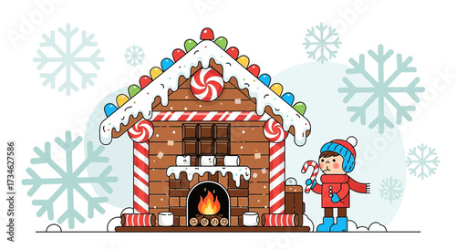 Adorable gingerbread house with winter decorations and a child holding a candy cane