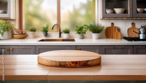 Wallpaper Mural wooden cutting board against a bright modern kitchen backdrop kitchen podium background for food product ideal for culinary websites blogs or any content focused on cooking design or home decor Torontodigital.ca