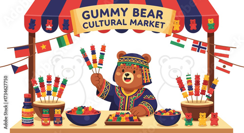 Adorable gummy bear cultural market stall offering colorful candy skewers and treats