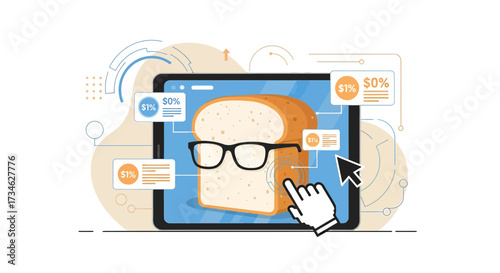 Analysis of online food products on a tablet with augmented reality features and financial