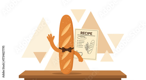 Animated baguette character presenting a recipe card on a light background illustration