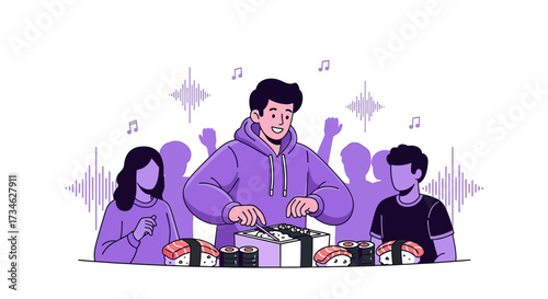 Animated scene featuring people enjoying sushi and music in a celebratory atmosphere