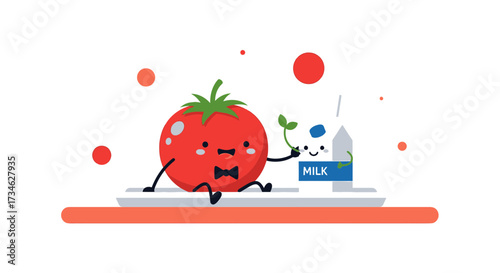 Animated tomato character with a bow tie interacting with a milk carton illustration