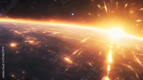 Dramatic celestial event over planet, glowing streaks and bright light fill frame
