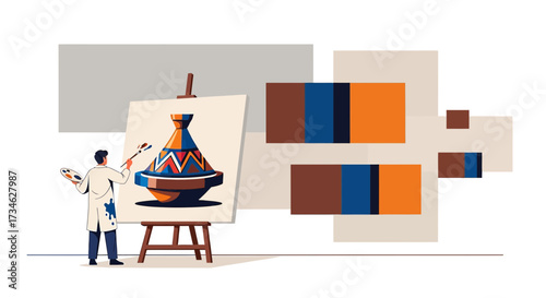 Artist creating an illustration of a traditional moroccan tagine dish on canvas art