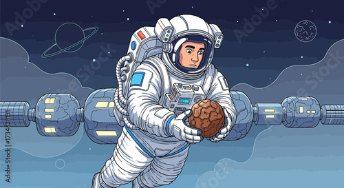 Astronaut holding asteroid sample near space station in cosmic exploration setting