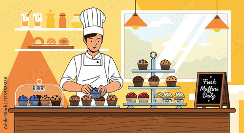 Baker preparing muffins in a bakery setting with various baked goods display illustration
