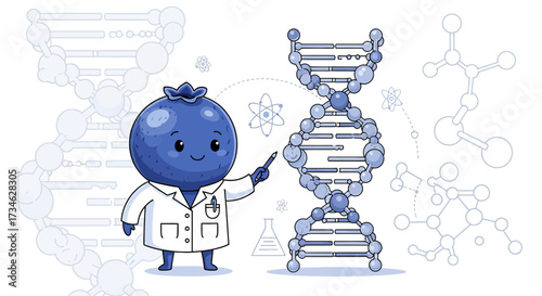 Blueberry scientist explaining dna structure in a cartoon vector illustration graphic design ideal