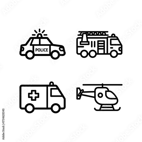 Line art icons of various emergency service vehicles including a police car, fire truck, ambulance, and helicopter.