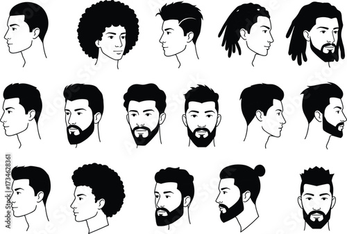 Men hairstyle vector silhouettes, modern male haircut illustration set, beard style icons, trendy grooming fashion clipart for barber shop design