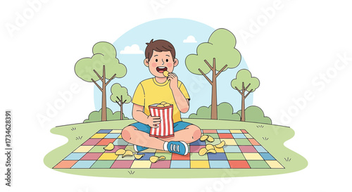 Boy enjoying potato chips on a colorful picnic blanket in a park setting illustration