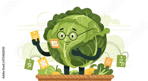 Cabbage character holding price tags surrounded by fresh produce in a basket illustration