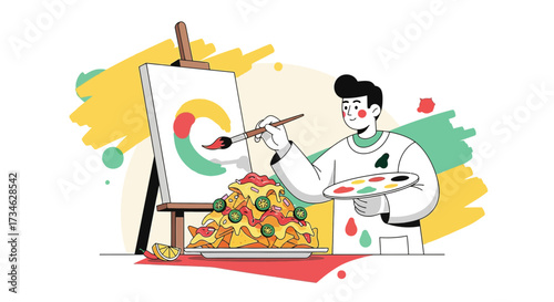 Cartoon artist painting a colorful image of nachos on a canvas with art supplies