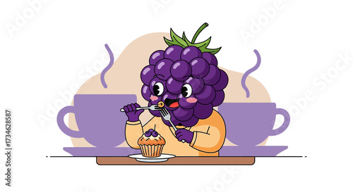 Cartoon blackberry enjoying a muffin with coffee illustration in a joyful ambiance