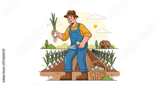 Cartoon Farmer Harvesting Onions with Barn Backdrop Representing Agricultural Harvest