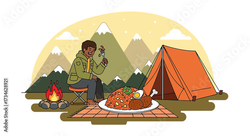 Cartoon illustration of a man camping and eating near a tent with mountains background
