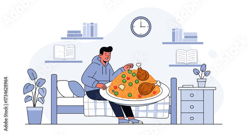 Cartoon Illustration of a Man Enjoying a Large Rice and Chicken Dish in Bed