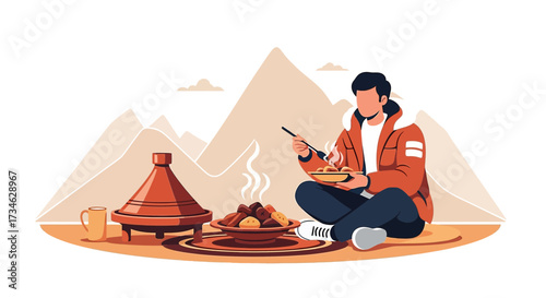 Cartoon illustration of a man enjoying a meal in a tagine with mountains in the background