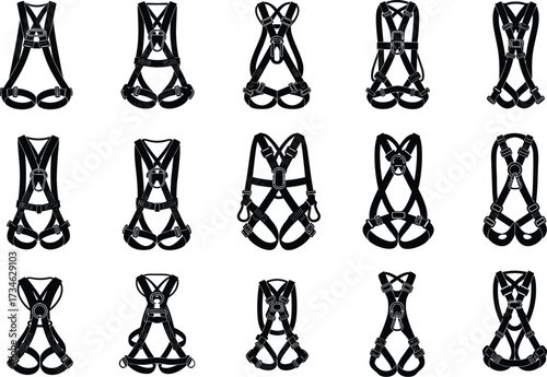 Harness, Safety, Protection, Worker, Labor, Job, Construction, Industrial, Secure, Gear, Equipment, Strap, Belt, Fall, Guard, Vector, Icon, Illustration, Silhouette, Design