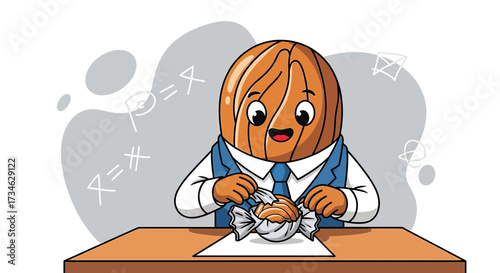 Cartoon illustration of a walnut character in a suit opening a wrapped candy at a desk