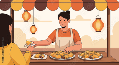Cartoon illustration of a vendor selling empanadas at a food stall under lanterns