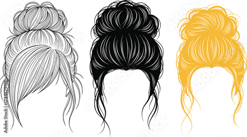 Messy bun hairstyle clipart set, stylish female updo vector illustration, trendy woman hair fashion drawing, elegant beauty salon hair design