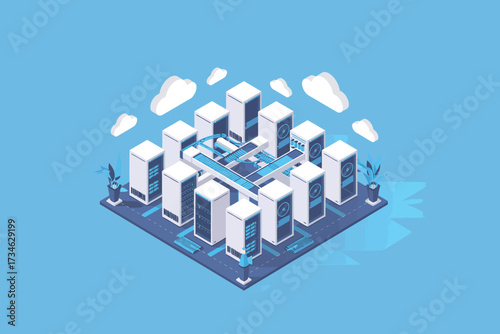 An isometric illustration depicts a modern data center with multiple server racks under a blue sky with fluffy clouds, symbolizing cloud computing.