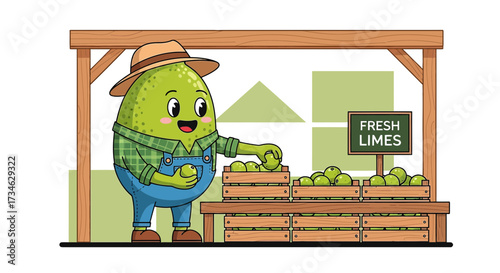 Cartoon Lime Farmer at the Market Stall with Fresh Limes Character Illustration