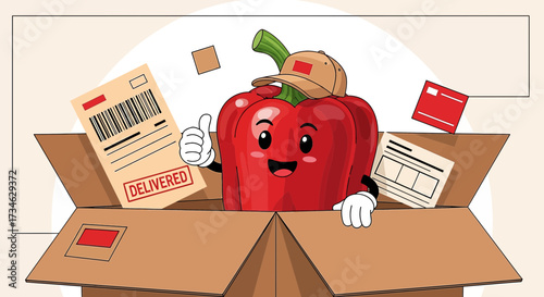 Cartoon red pepper delivery character with a happy expression ready to ship vegetables concept