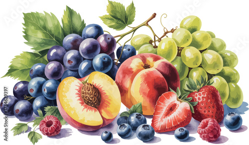 A vibrant assortment of summer fruits, including grapes (both red and green), blueberries, raspberries, peaches, and strawberries, are beautifully arranged.
