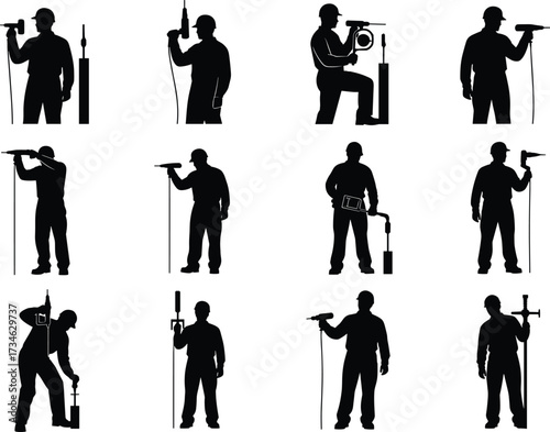 Power, Tool, Worker, Labor, Construction, Silhouette, Drill, Saw, Grinder, Helmet, Safety, Industry, Task, Job, Effort, Strength, Equipment, Manual, Motion, Occupation