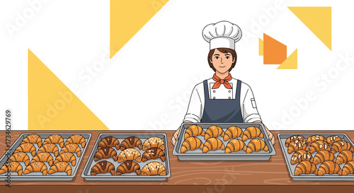 Cheerful baker presenting freshly baked croissants in a vibrant bakery setting illustration