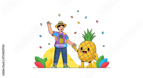 Cheerful cartoon illustration of a man and pineapple character celebrating a festival together