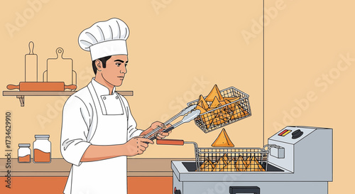 Chef carefully deep frying samosas in a restaurant kitchen with professional equipment
