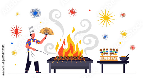 Chef prepares delicious skewers on a flaming grill for an outdoor summer barbecue celebration