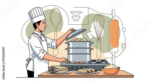 Chef prepares traditional tamales in a steaming pot surrounded by kitchen utensils design