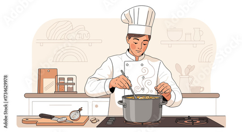 Chef preparing a meal in a kitchen with a warm and inviting atmosphere illustration
