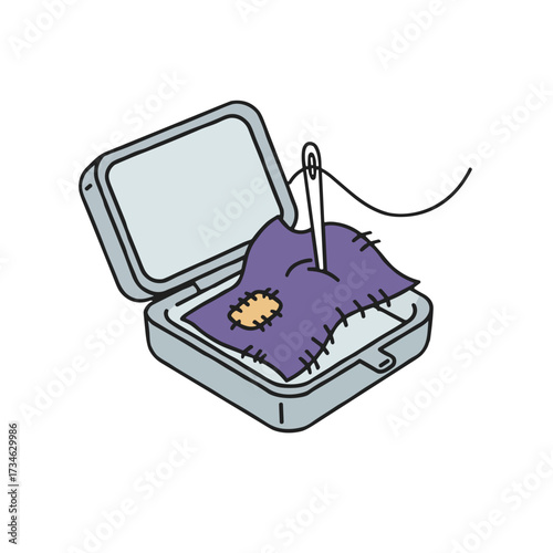 Icon for last-minute costume repairs and cosplay featuring a sewing kit with needle and patch