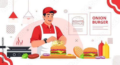Chef preparing onion burger vector illustration for restaurant promotion material
